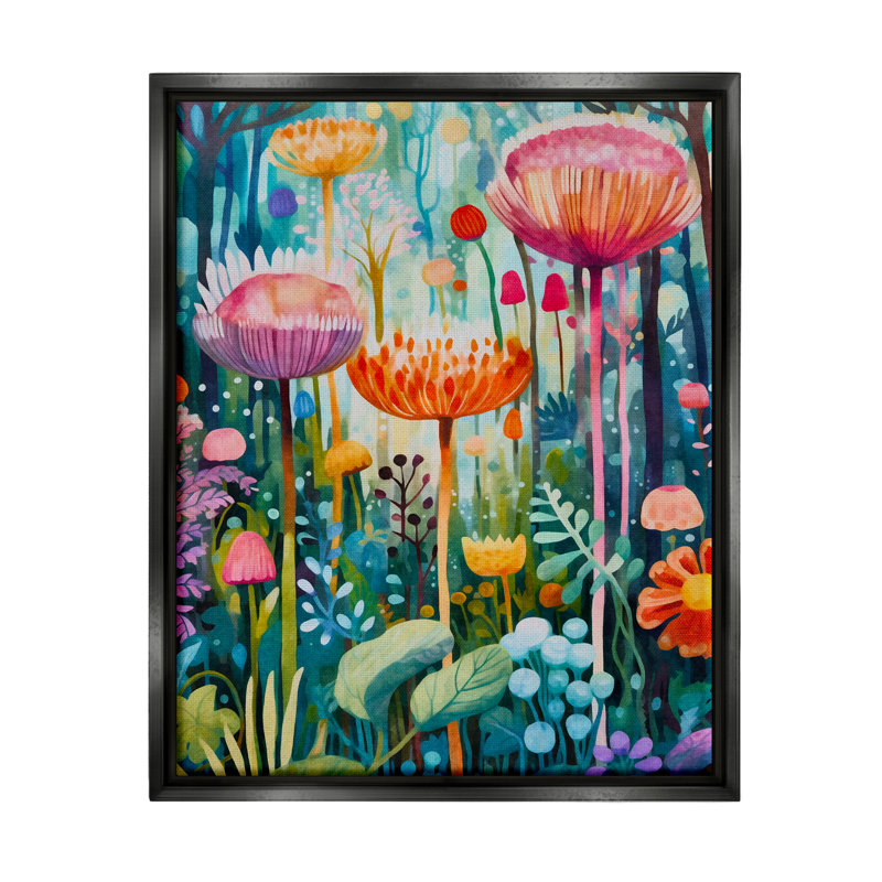 Paysage de jardin fantaisiste sur toile, Cadre flottant noir de jais, H 31 po x l 25 po x P 1,7 po