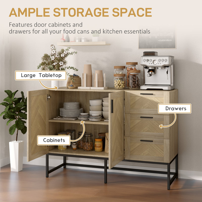 Sideboard Buffet Cabinet with Drawers and Adjustable Shelf, Oak