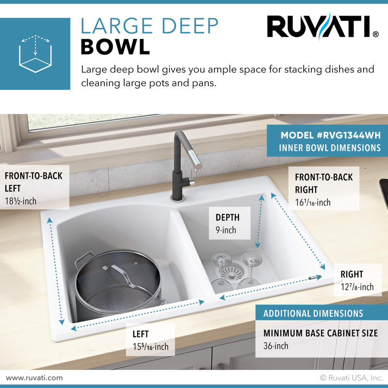 Évier de cuisine encastré à double cuve en granite composite 33 po x 22 po Ruvati - blanc arctique mat -, Blanc arctique