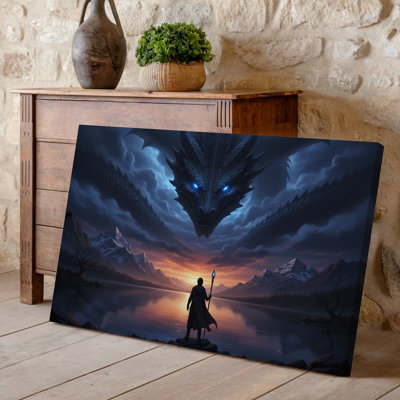 Canvas A Dramatic Fantasy Scene Depicting A Colossal Dragon Looming In Wall Art The Sky Its Fierce Eyes Glowing With An Ethereal Blue Canvas Wall Art