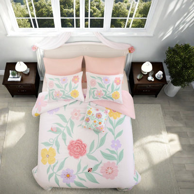 Piece Full Queen Bedding Sets, Pink Floral Microfiber Set for Girls Bedroom
