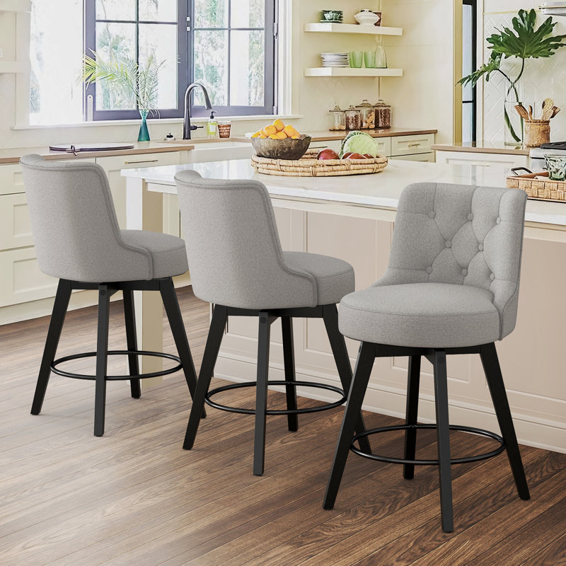 Tabouret de comptoir pivotant rembourré Arleine, 100 % lin gris, 3