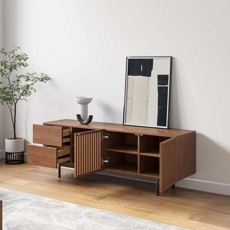 Mid-Century Modern TV Stand, Pre-Assembled, Brown, 21.65"H x 62.99"L x 15.75"W