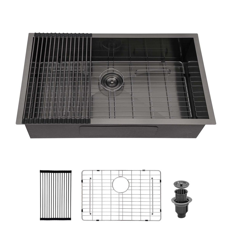 Évier de cuisine noir en acier inoxydable - cuve de cuisine encastrée 30 "x 18" x 9 "à cuve simple en acier inoxydable de calibre 16 avec profondeur de 9 pouces