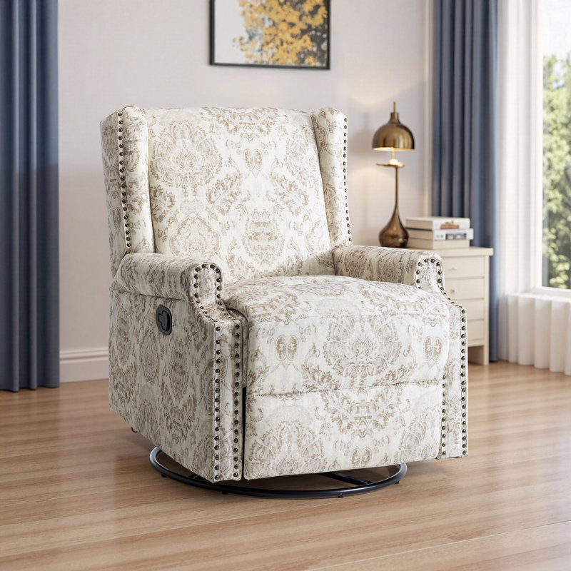 Upholstered Classic Wing Back Manual Handle Swivel Rock Glider Recliner with Naihead Trims, Beige