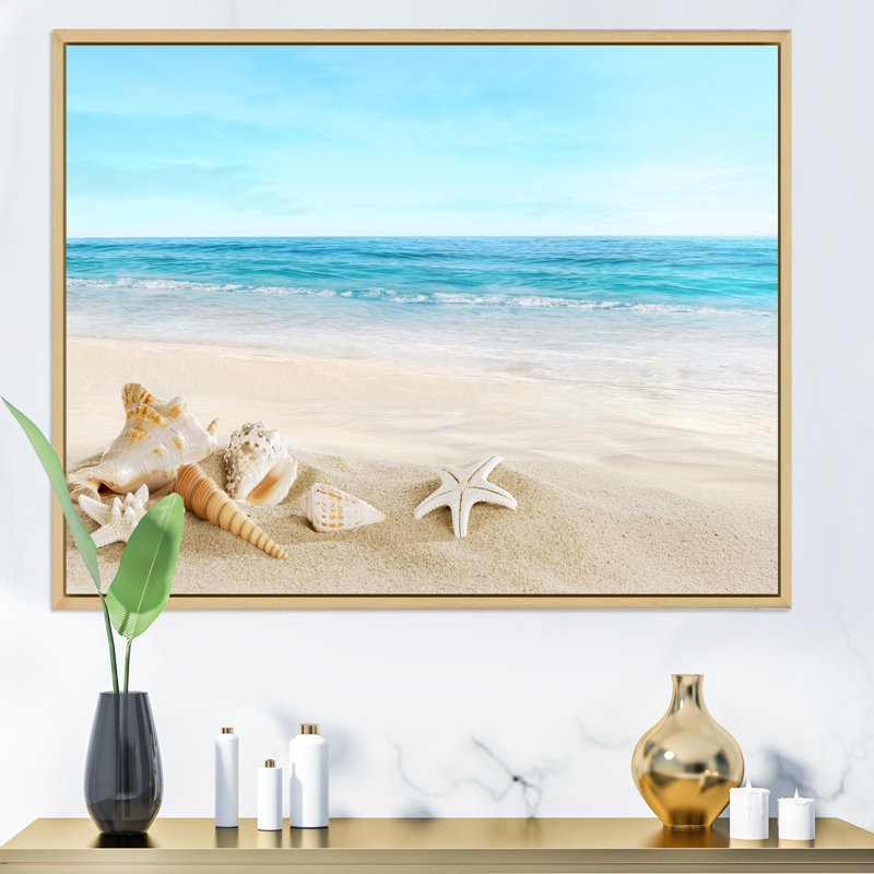 Paysage avec coquillages sur une plage tropicale - photographie sur toile, Cadre flottant en érable, H 24 po x l 32 po