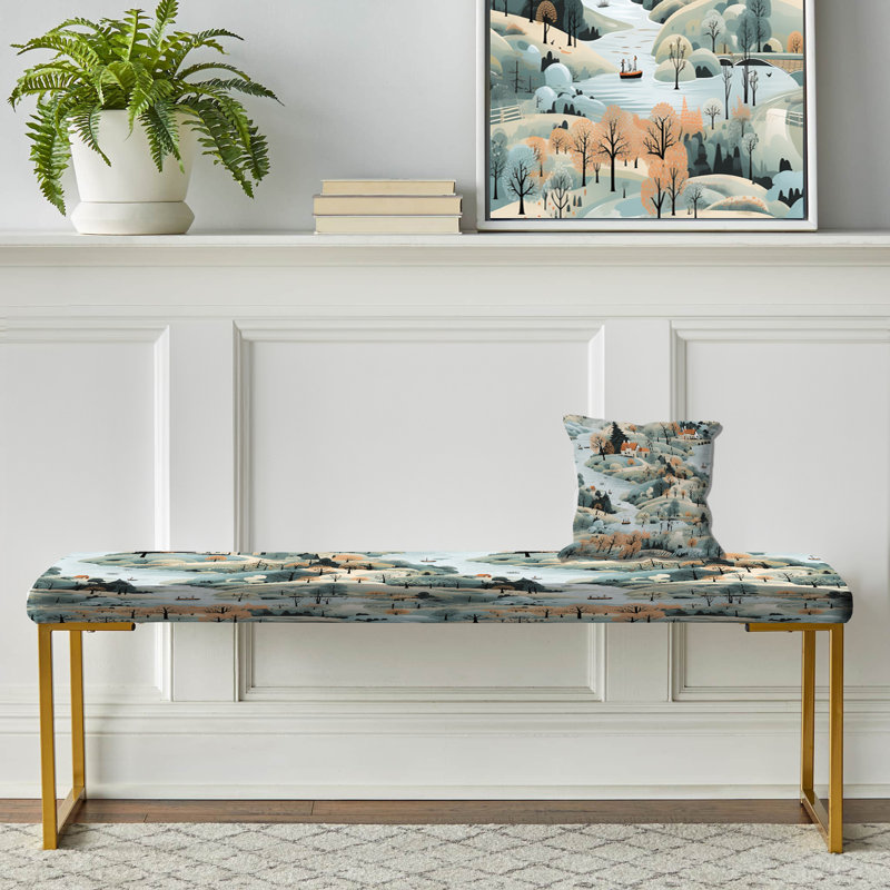 Floral Upholstered Gold Bench, Summer Scandinavian Landscape