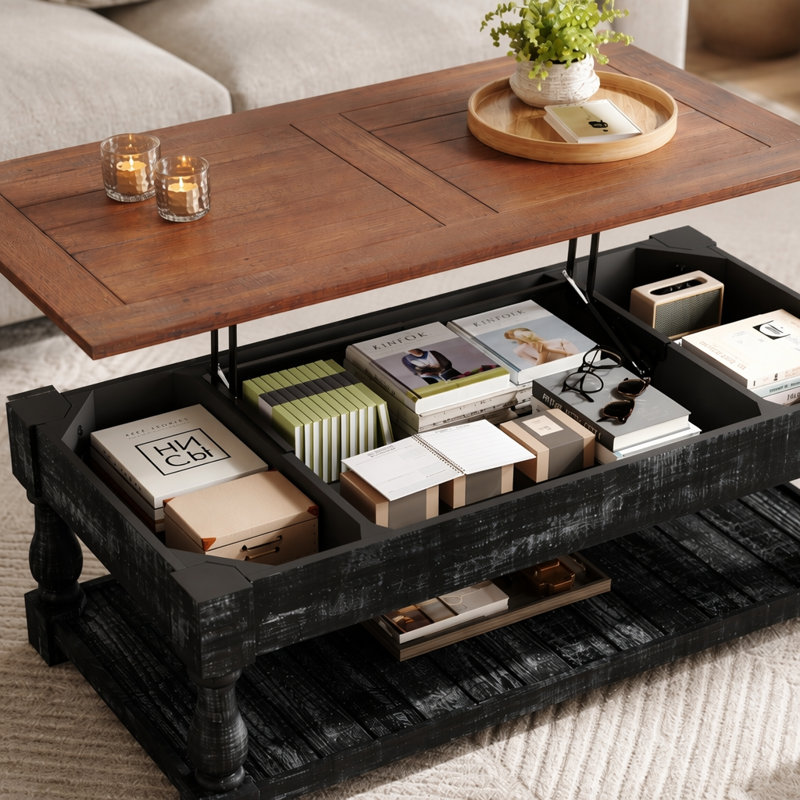Table basse à plateau relevable rétro avec rangement pour le salon, compartiment caché et tablette inférieure, espresso et finition noire patinée