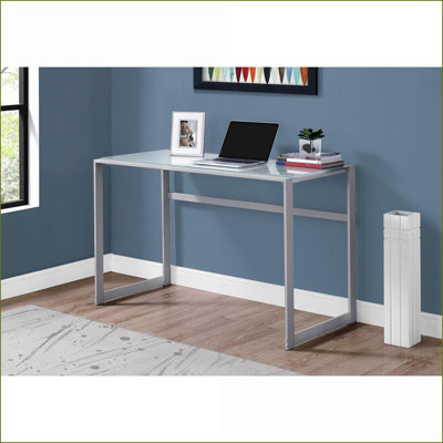Bureau d'ordinateur portable pour bureau à domicile L 48 po moderne avec plateau en verre trempé blanc et pieds en métal argenté | Argent | Verre trempé