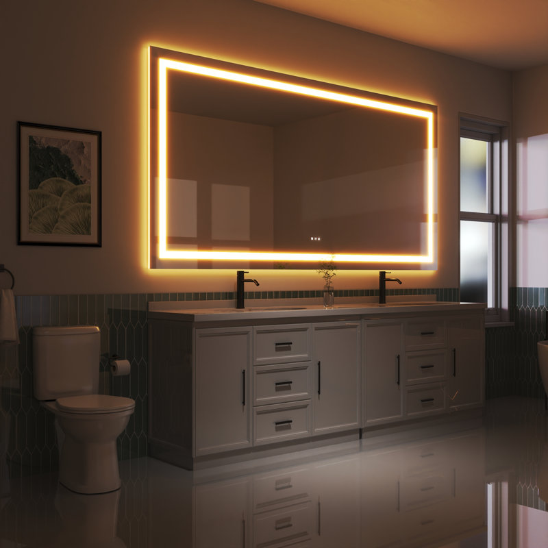 Led Bathroom Durable Tempered Mirror 72x 32, Dimmable Vanity Mirrors For Wall, Anti-fog, 3 Colors Adjustable, Memory, Double Led Lights ( Front And Backlit )