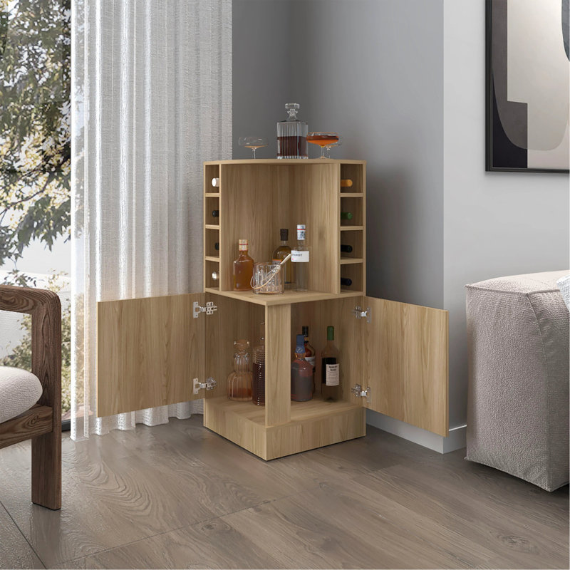 Bar d'angle avec porte-bouteilles et tablette ouverte, Bois naturel