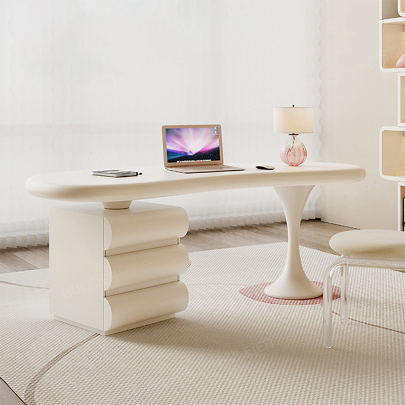 White Curved Solid+Manufactured Wood with 3 drawers desk, 29.53" H x 70.87" W x 23.62" D