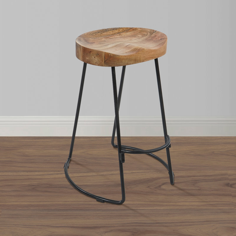 24 Inch Mango Wood Industrial Counter Height Stool, Saddle Seat, Iron, Set of 2, Brown, Black, 2