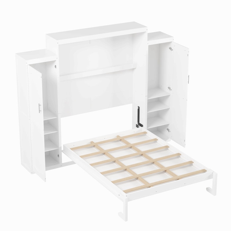 Grand lit escamotable avec 2 garde-robe et tablette de rangement, cadre de lit plateforme pliable multifonctionnel pour chambre d'amis, chambre à coucher