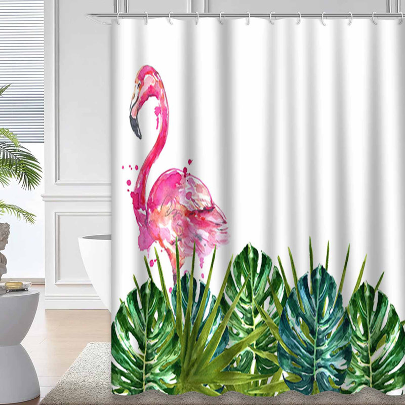 Aquarelle Flamingo Monstera, feuilles, bordure d'oiseaux de plage avec 12 crochets, L 72 po x l 72 po