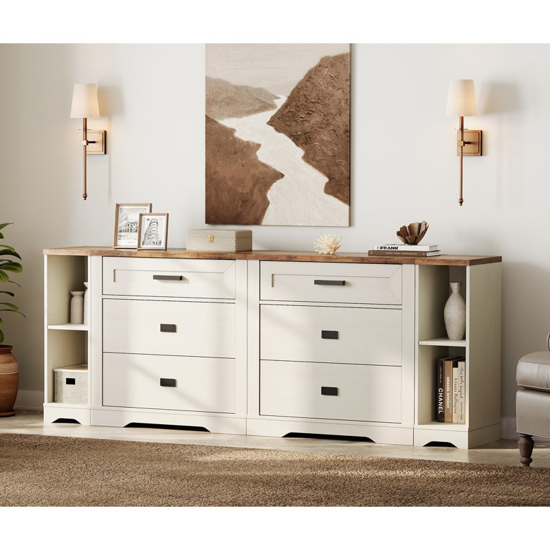 Laziza Farmhouse 4 In 1 Dresser TV Stand For 75 85 95" Tvs ,Wood Entertainment Center With 6 Drawers Dresser Cabinet And Open Storage For Living Room