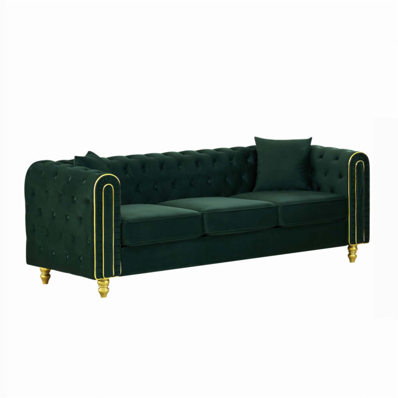 Canapé de 86 pouces avec causeuse moderne, canapé 3 places en velours capitonné, accoudoirs et pieds roulés, parfait pour l'espace de vie principal