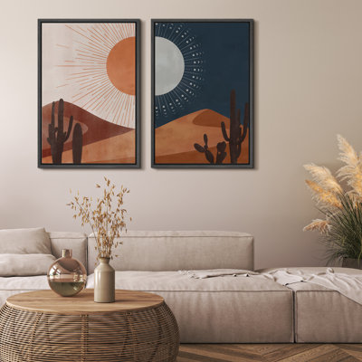 "Sun and Moon Day and Night Orange Desert Landscape", reproduction d'art sur toile encadrée 2 pièces