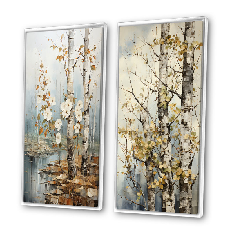 2 pièces sur toile - Symphonie sycomore arbre gris blanc, Cadre blanc, H 24 po x l 20 po