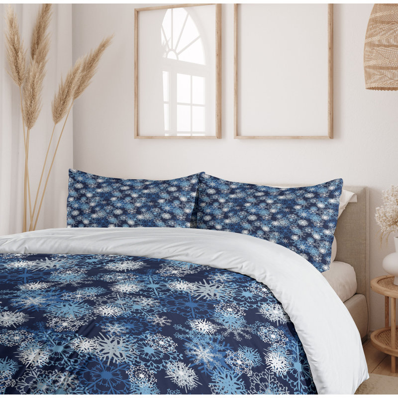 King Size Blue and White Snowflake Microfiber Duvet Set