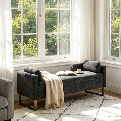 Banc de rangement rembourré en chenille avec pieds dorés et 2 coussins