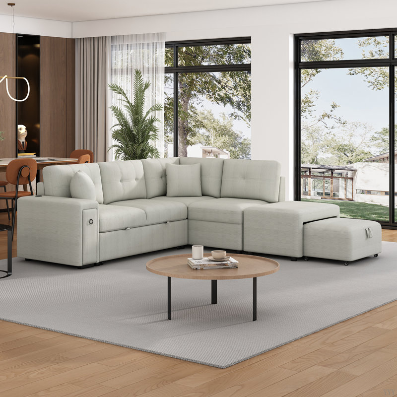 Canapé-lit modulaire en L de 86,6 po avec canapé-lit coulissant, deux ports USB et deux porte-gobelets pour le salon, Gris