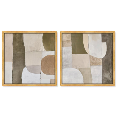 Olive Earthtone Diptych Canvas Print Beige Wall Decor Set by Art Remedy, Gold Frame, 24 x 24
