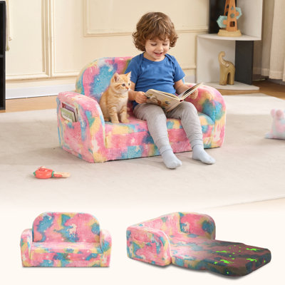Canapé pour enfants, canapé 2 en 1 pour tout-petit, chaise longue pliante, canapé moelleux, pour salle de jeux, lecture, sieste, rose