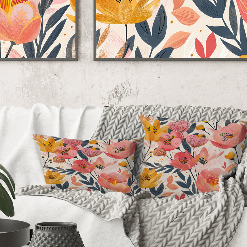 Coussins lombaires roses et jaunes à motif floral fusion