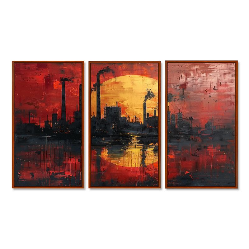 Ensemble de décorations murales jaunes et rouges Power Factories III - Factories, Toile avec cadre flottant brun