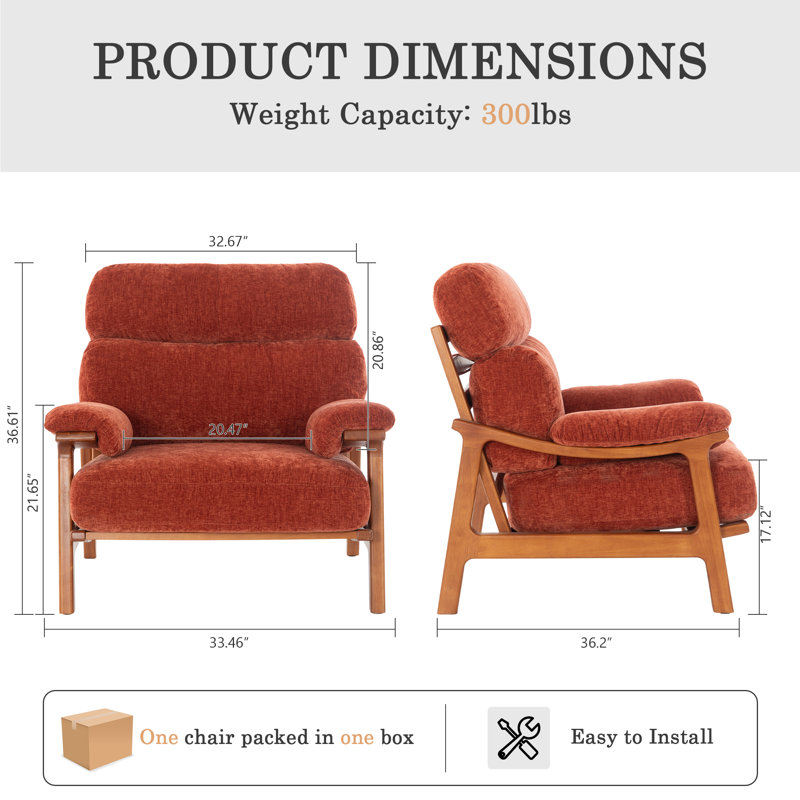Mid-Century Accent Chair With Solid Wood Frame And Removable Cushions, Orange