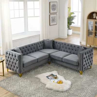 82.2-Inch L-Shaped Velvet Corner Sofa With Three Cushions, Spacious 5-Seater Sectional For Living Room And Small Spaces.