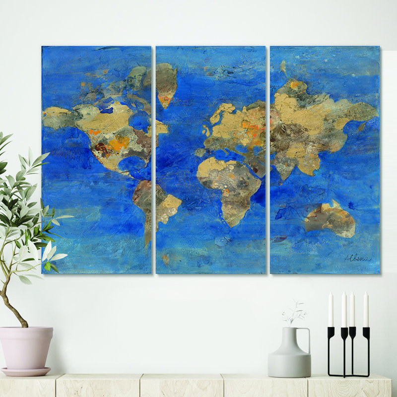 Golden Blue World Map - Reproduction d'art sur toile tendue à pièces multiples, H 28 po x l 36 po x P 1 po