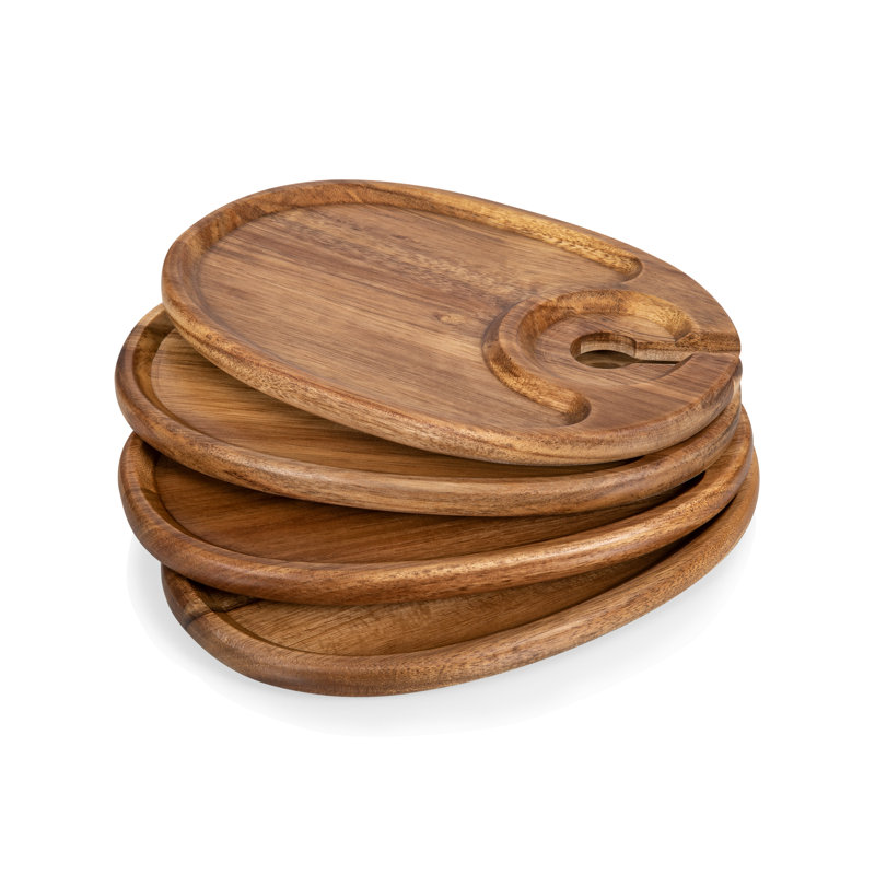 Acacia Wood Wine Appetizer Plates with Glass Holder, Set of 4