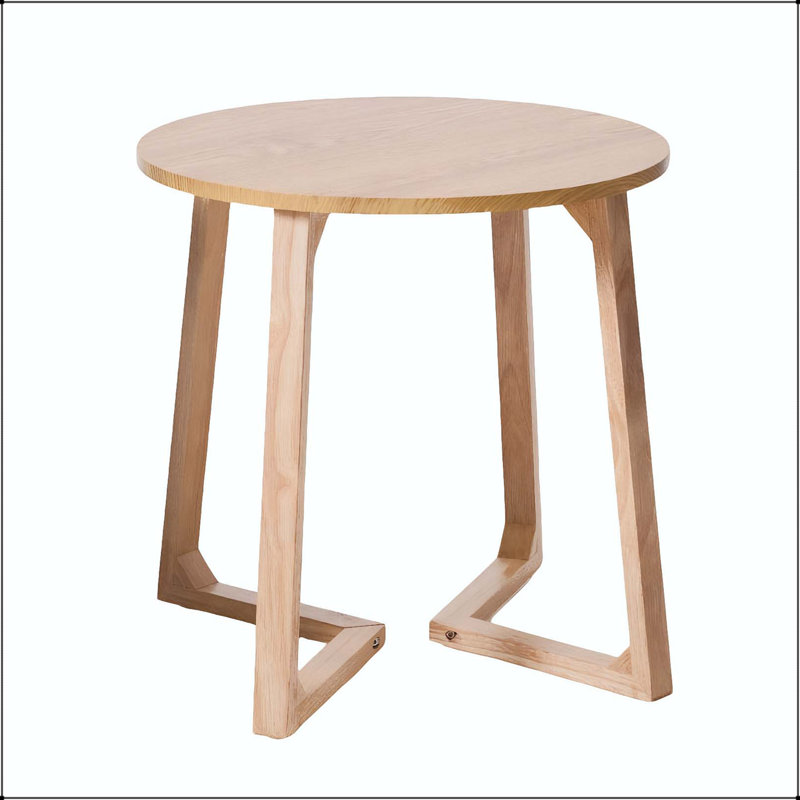 Table de bout ronde Mid-Century avec bois massif et pieds en forme de V