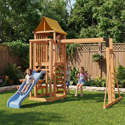 13' W x 10' D Outdoor Wooden Swing Set With Slide & Climbing Wall – Ideal For Backyards & Playgrounds