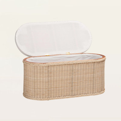 Lenin Braided Natural Rattan Storage Bench Designed with a Cushioned Lift-Top Lid, Coastal Boho Chest for Bedroom, Entryway, or Living Room, 39-Inch Oval Shape in Natural Finish