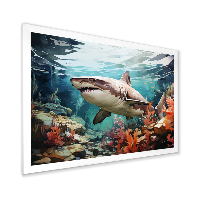 " Silent Hunter Sharks Portrait IV ", White Single Picture Framed, 12" H x 20" W x 1" D