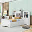 Lit plateforme multifonctionnel en bois avec tiroirs et tablettes de rangement-111299041