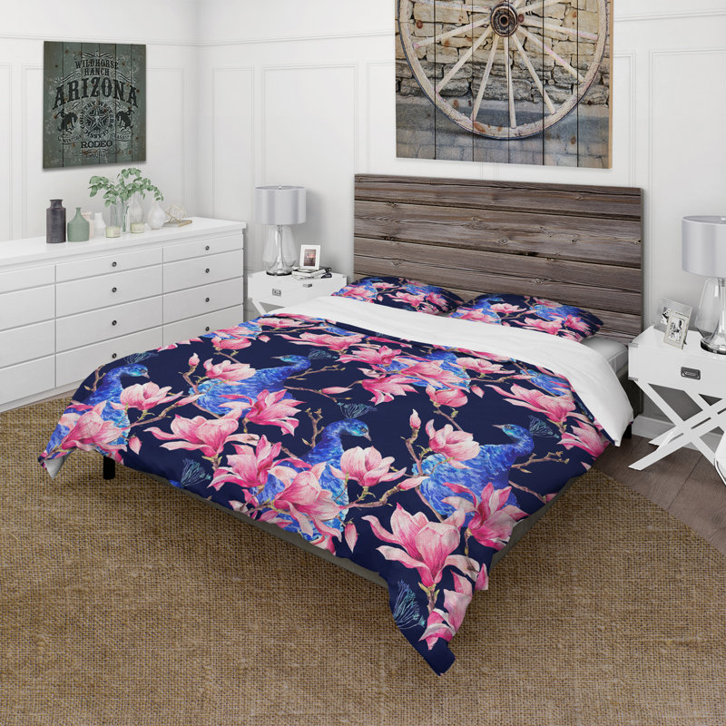 Paon Phinehas et fleurs de magnolia roses II - ensemble de housse de couette traditionnel - microfibre de polyester
