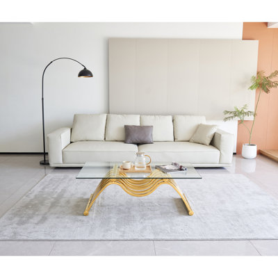 47" Rectangle Modern Stainless Steel Coffee Table, Clear Tempered Glass Coffee Table, Centre Table, For Living Room Home Office, Easy Assembly