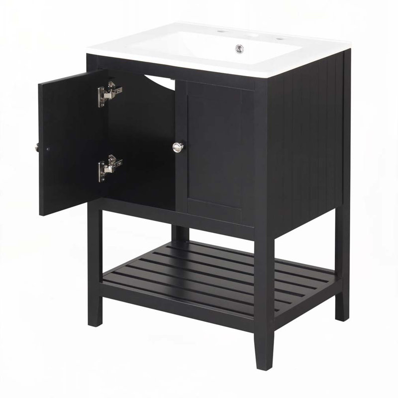 Meuble-lavabo de salle de bain avec lavabo en céramique, structure en bois massif et tablette ouverte, Noir