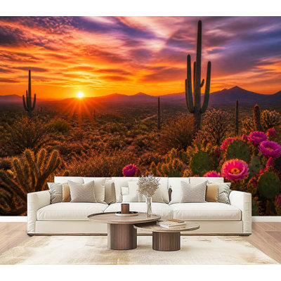 Désert cactus de jardin, fleurs, montagne, papier peint botanique rétro auto-adhésif mural pour chambre à coucher, salon, L 100 po x l 144 po