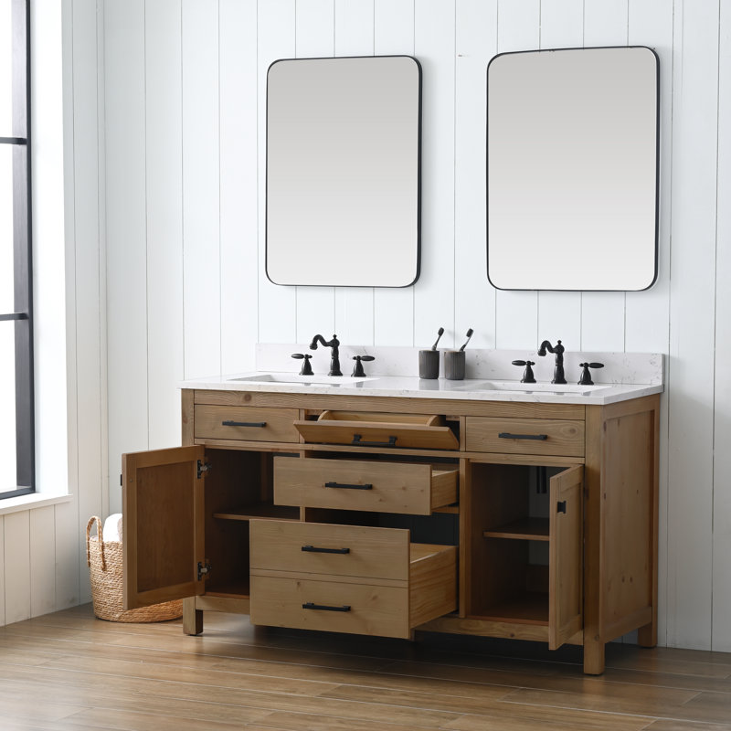 Meuble-lavabo double 60 po Ajiya, Naturel texturé / noir mat, Blanc de Carrare