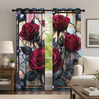 2 pièces de rideaux à motif de vitrail rose rouge, rideau de style floral romantique, rideaux à œillets à imprimé floral rétro artistique, habillage de fenêtre pour le décor de la chambre à coucher