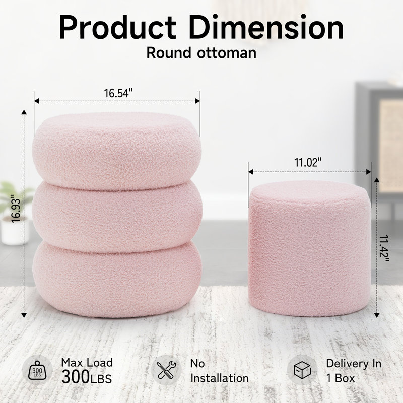 Round Ottoman with Storage, Teddy Velvet Upholstered Ottoman for Living Room and Bedroom(set of 2), Pink