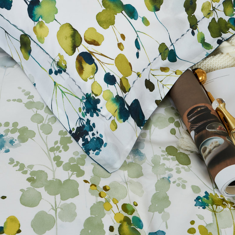 Lunaria Floral Duvet Cover Set – 100% Cotton, Green and Blue Botanical Print, Soft & Breathable Bedding, Queen