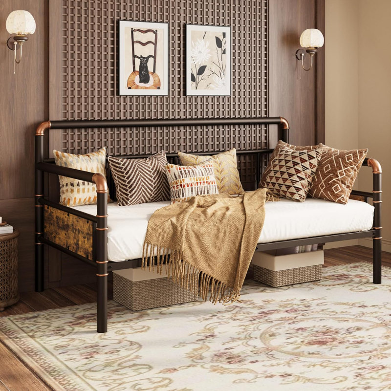 Twin Daybed – Metal Frame, Steel Slats, Brown, Guest Room