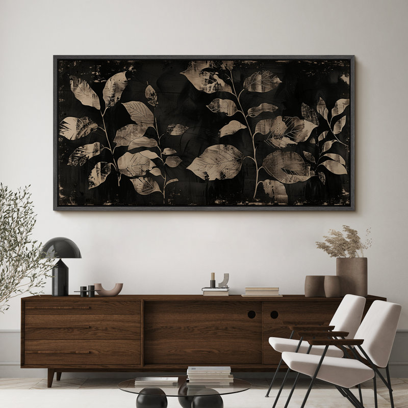 Minimal Botanical Noir Leaves Shadows, reproduction d'art sur toile, H 30 po x l 60 po, Noir, noir, noir, noir
