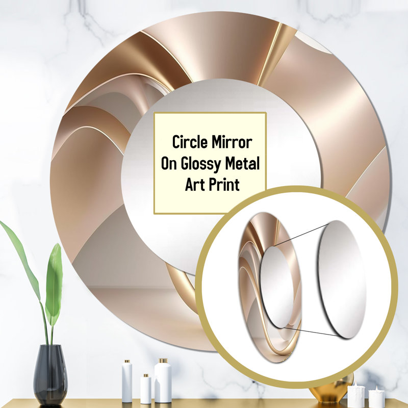 Luscious Liquid Gold In Subdued Pink And Taupe VIII - Liquid Ink Decorative Mirror, Modern Round Wall Mirror, Printed Metal Art